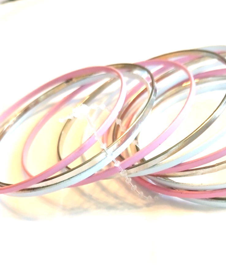 Silver/Pink/White tones 12 bangle set – 2-3/4″ x 1/8″ solid hoops, new condition