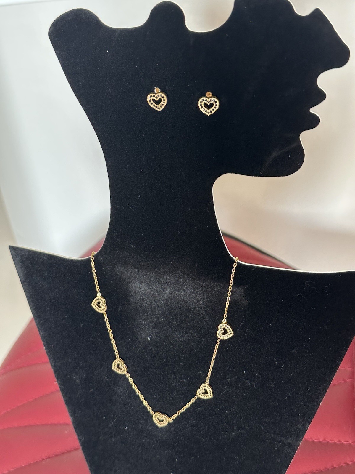 Gold Tone Heart Love Jewelry Set Necklace & Heart Stud Earrings