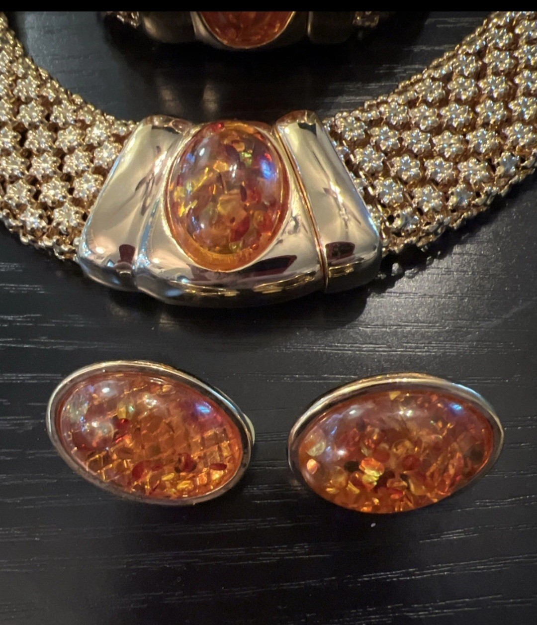 Gold Tone Mesh Necklace Bracelet & Clip-On Earrings Set Oval Orange Cabochons