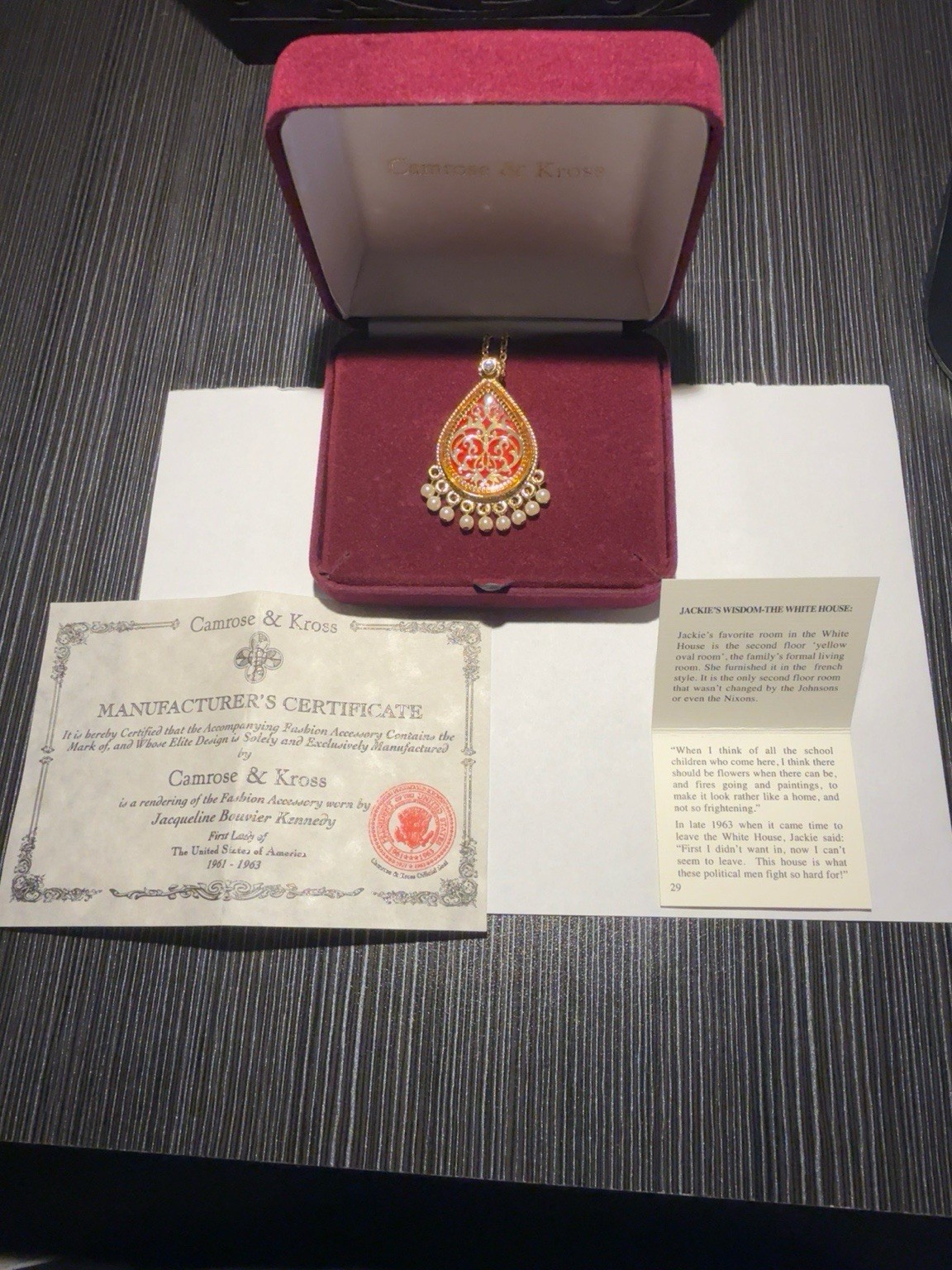 Camrose & Kross Jackie Kennedy Red Enamel Teardrop Necklace w/ Box & Certificate