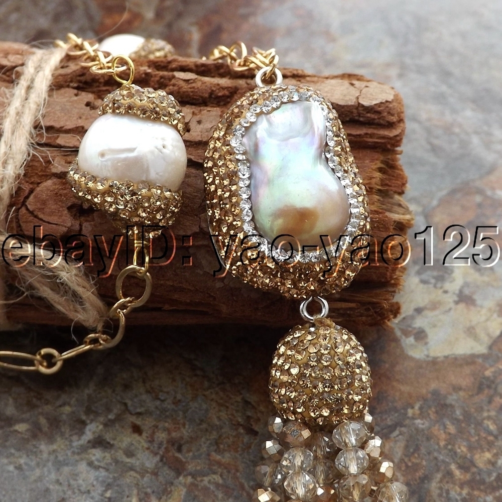 22″ Freshwater Cultured White Keshi Pearl Chain Crystal Pendant Necklace
