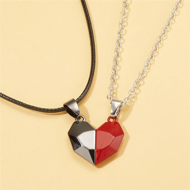 Heart Magnet Necklace Set for Couple – Black w/ Red, Great Gift, Anniversary