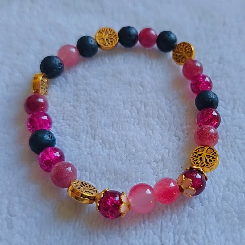Pink Black & Gold Round Beaded Stretch Bracelet, Slip-On, Beaded Style