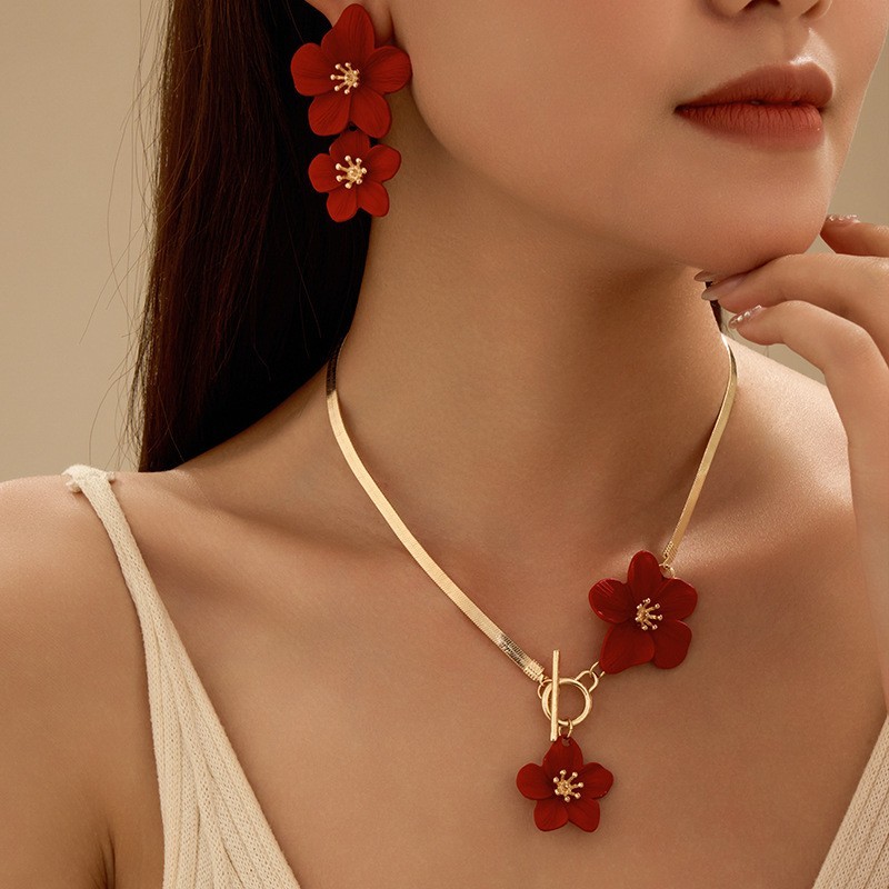 Women’s Fashion Elegant Red Flower Pendant Necklace Earring Set Alloy