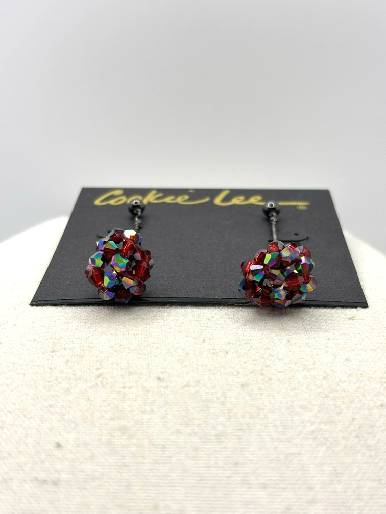 Cookie Lee Red Aurora Borealis Glass Bead Ball Drop Gunmetal Tone Earrings NWT