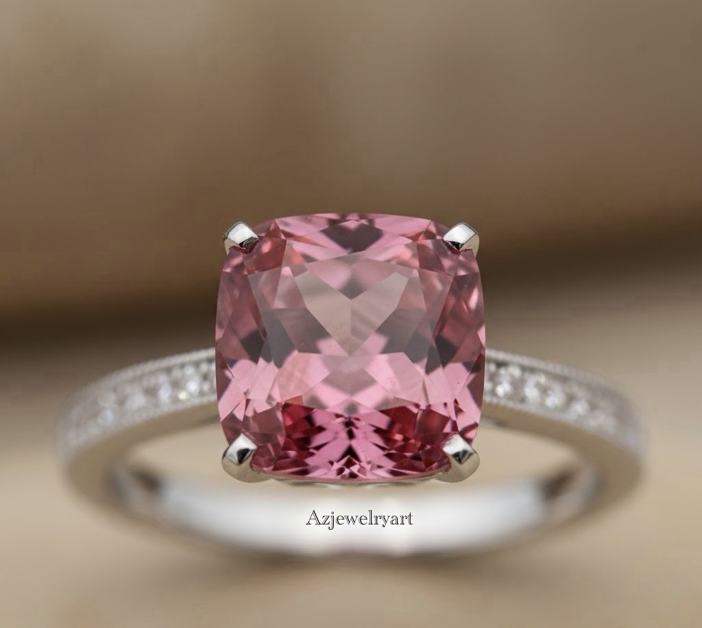 Cushion Cut Pink Tourmaline Ring 925Sterling Silver Engagement Ring.