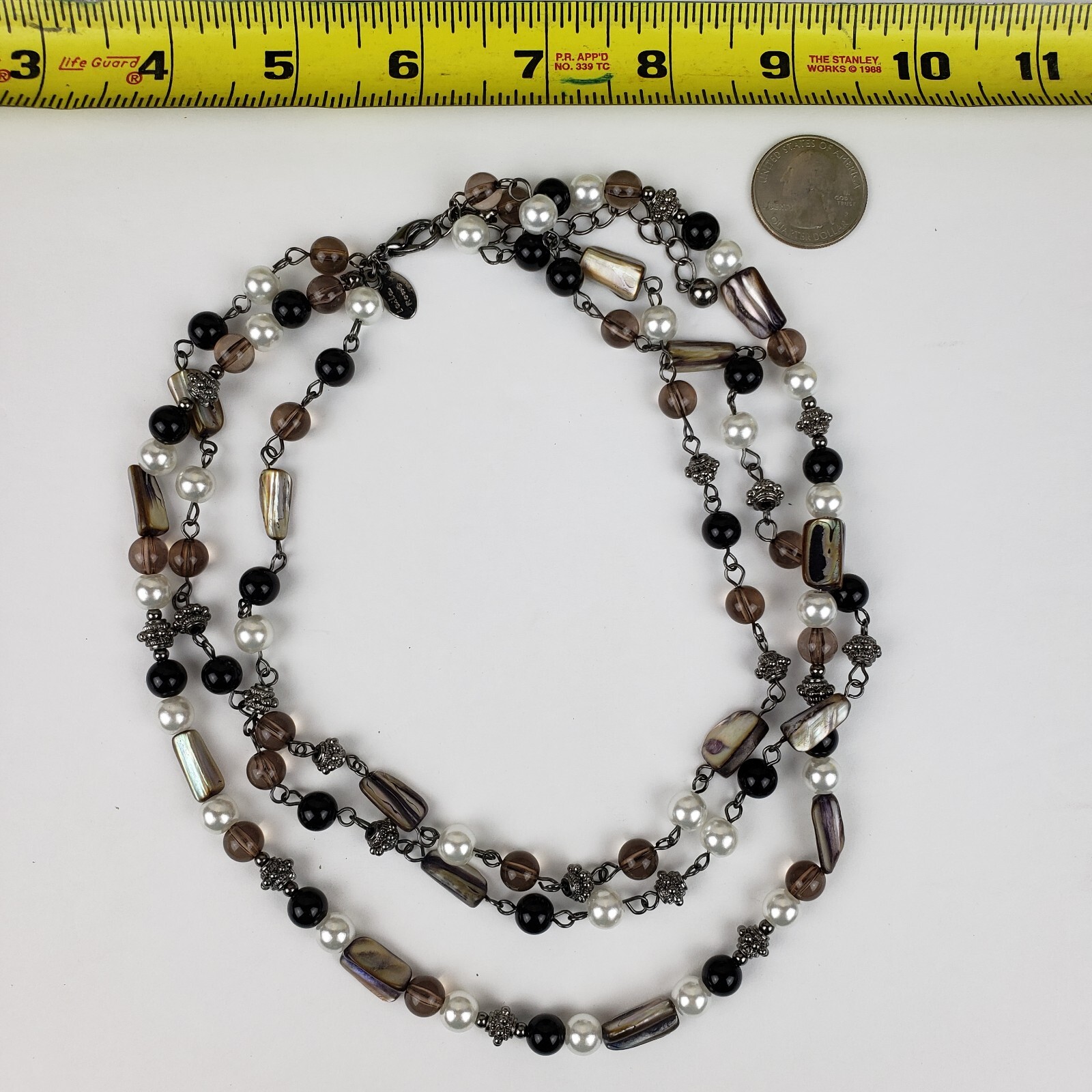 Laila Rowe Multi Strand Shell Glass Pearl Beaded Necklace Adjustable Silver Tone