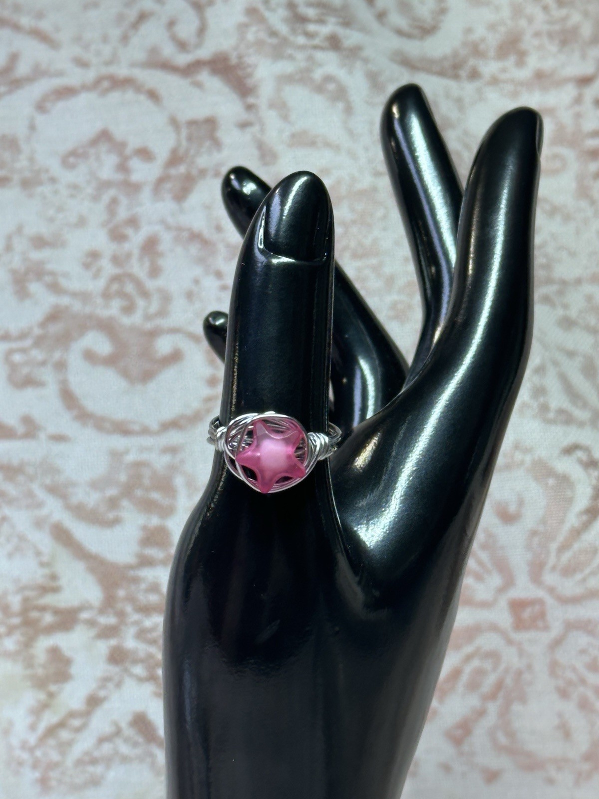 Silver Tone Wire Wrapped Cocktail Ring w/ Pink Star Stone Size 7 Handmade
