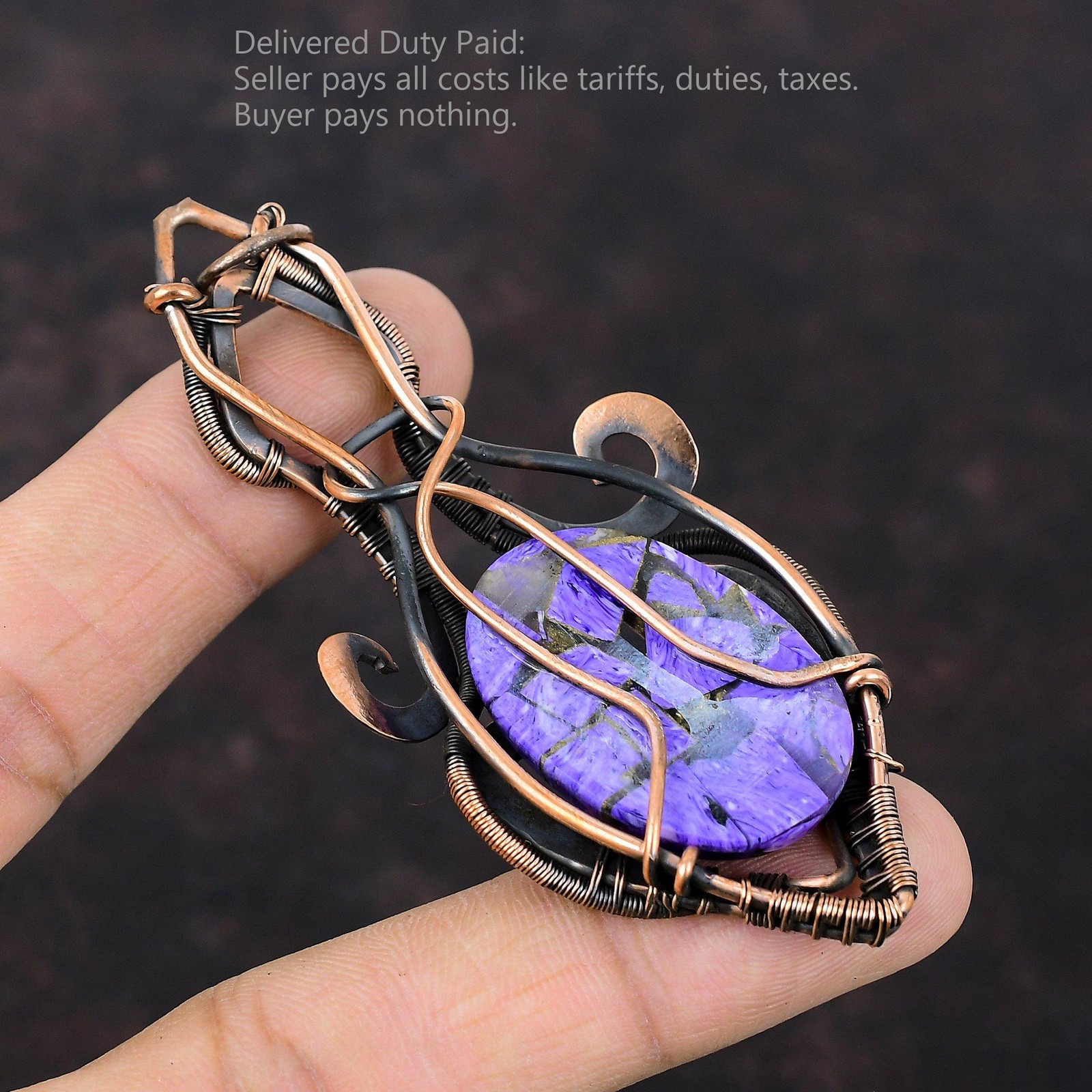 Oval Copper Russian Charoite Gemstone Anniversary Wire Wrapped Pendant Copper