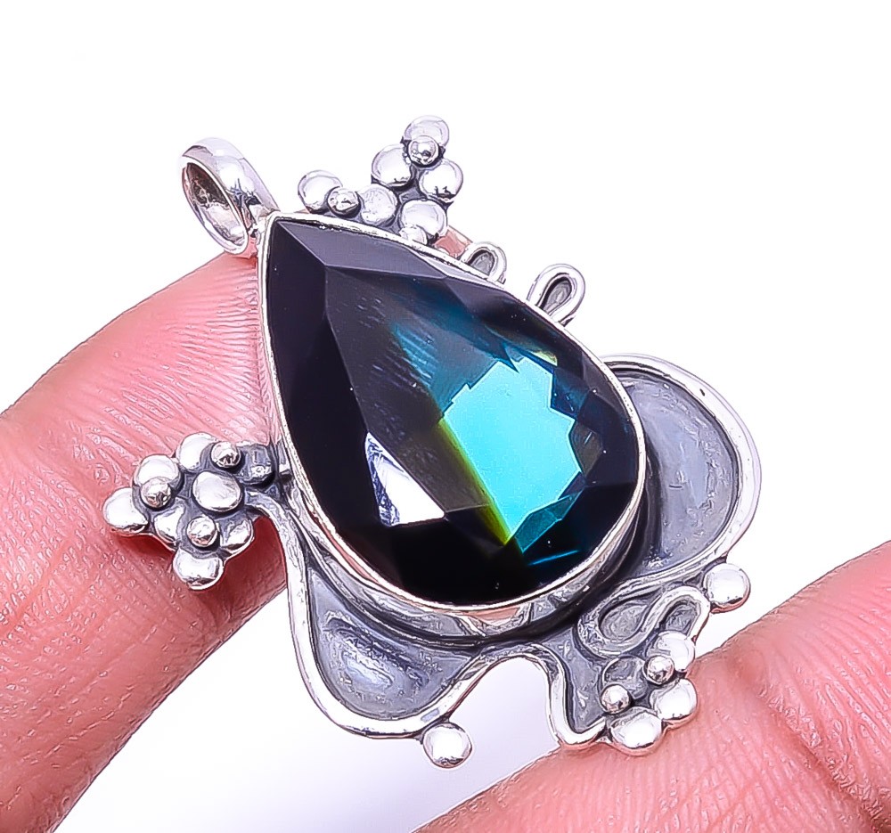Bi-Colour Tourmaline Oxidised Designer 925 Sterling Silver Pendant 1.56″ P70