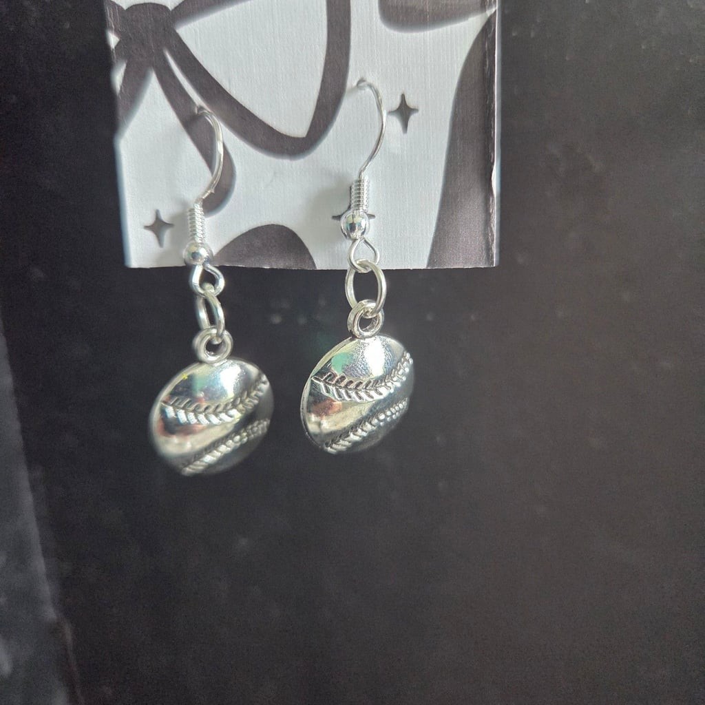 Silver Tone Baseball Charm Dangle Hook Earrings