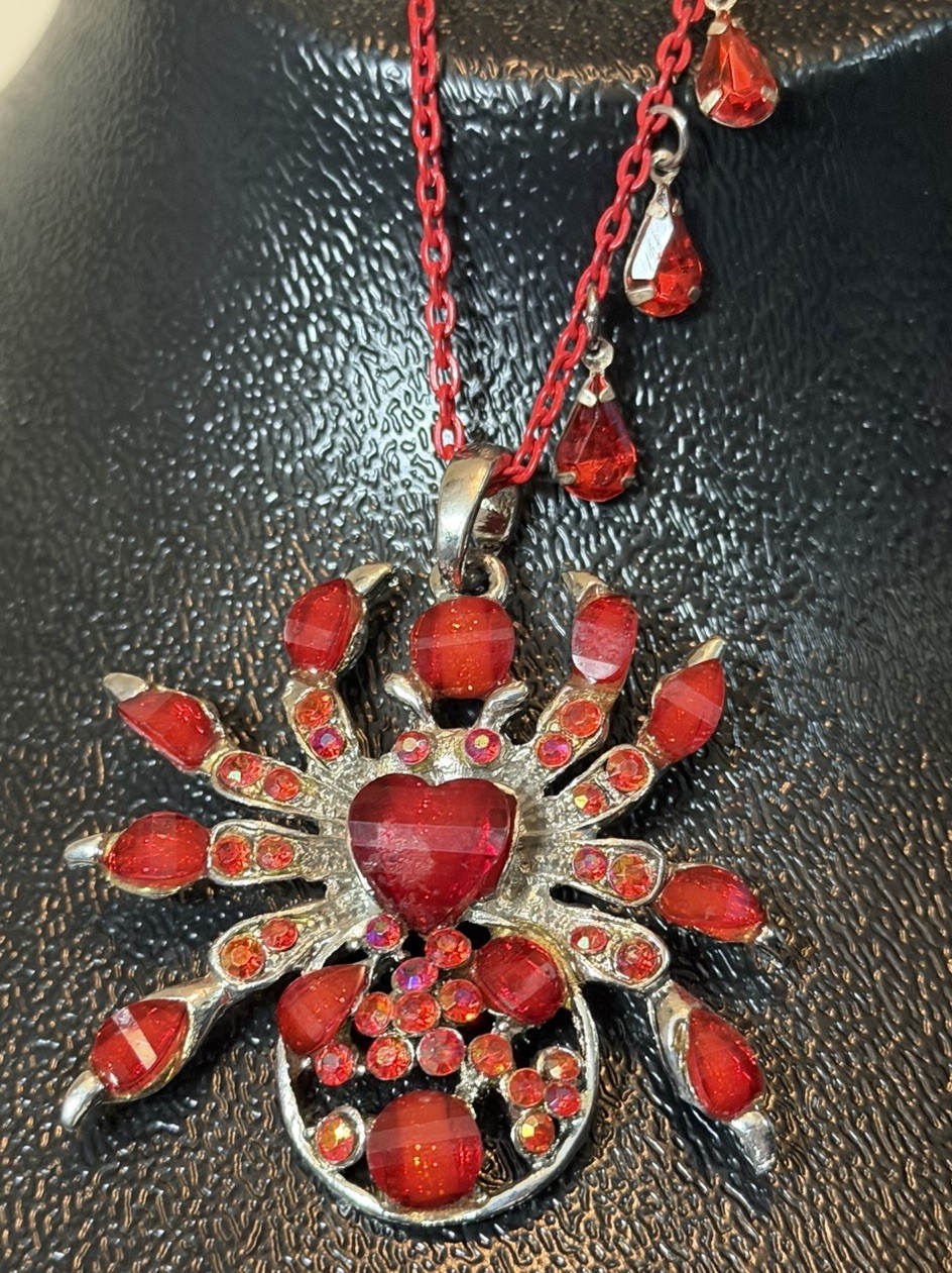 Red Rhinestone Spider Pendant Necklace, Silver Tone Cable Chain