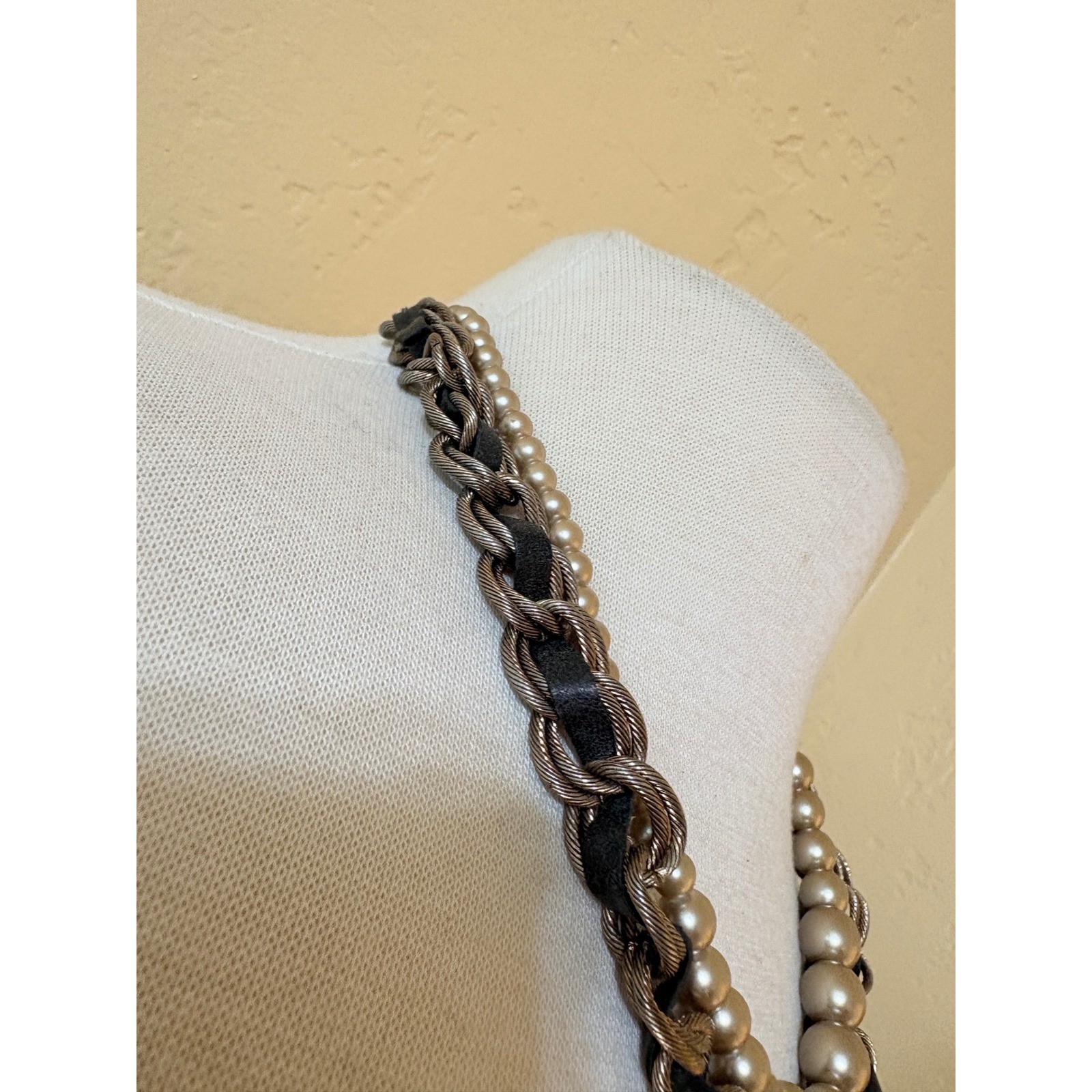 Loft Chunky Multi Strand Necklace Gold Tone Chain Faux Pearl Leather Statement