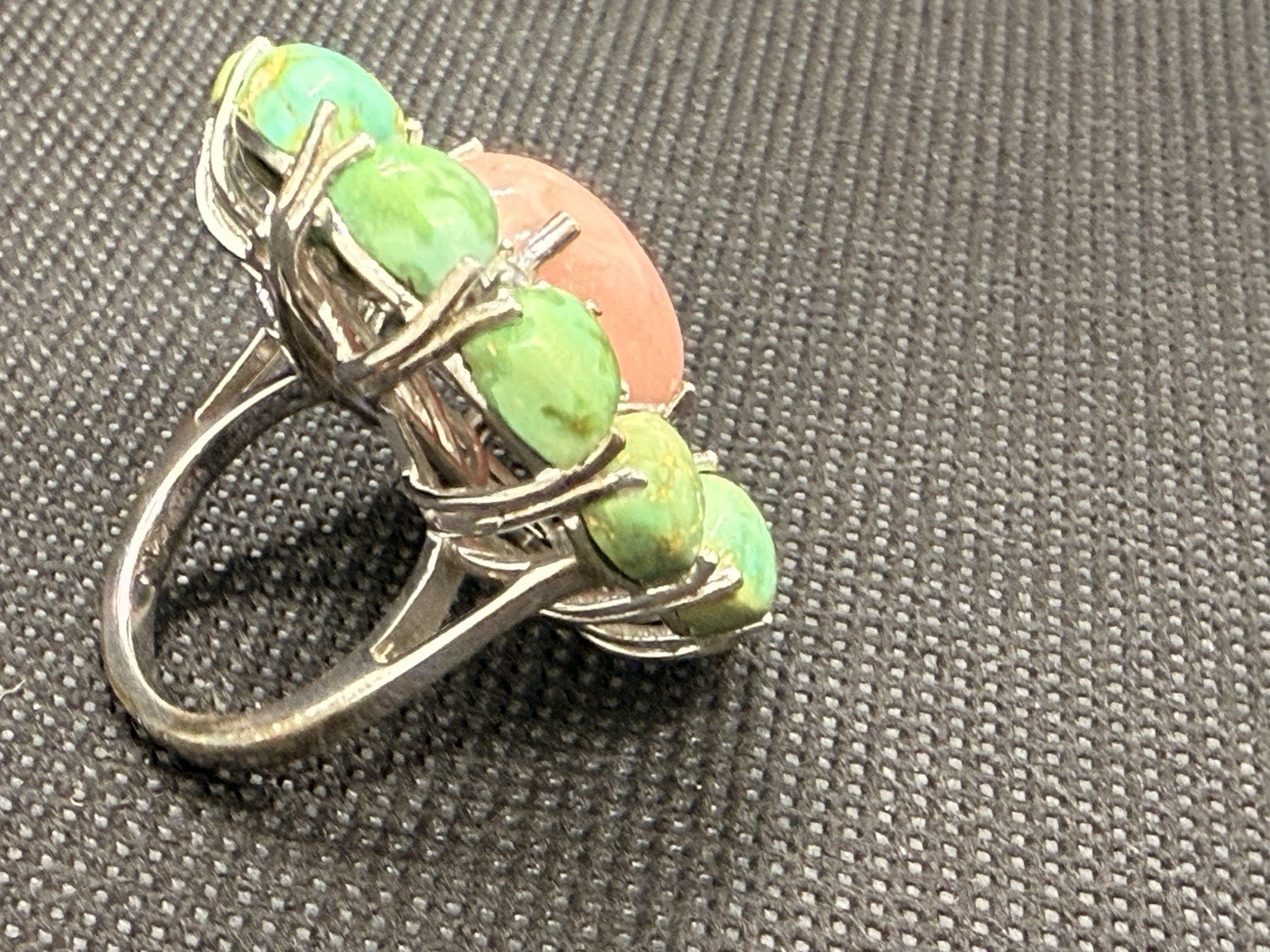 925 Silver Coral Turquoise CZ Halo Cocktail Ring Sz 7 Statement 13g