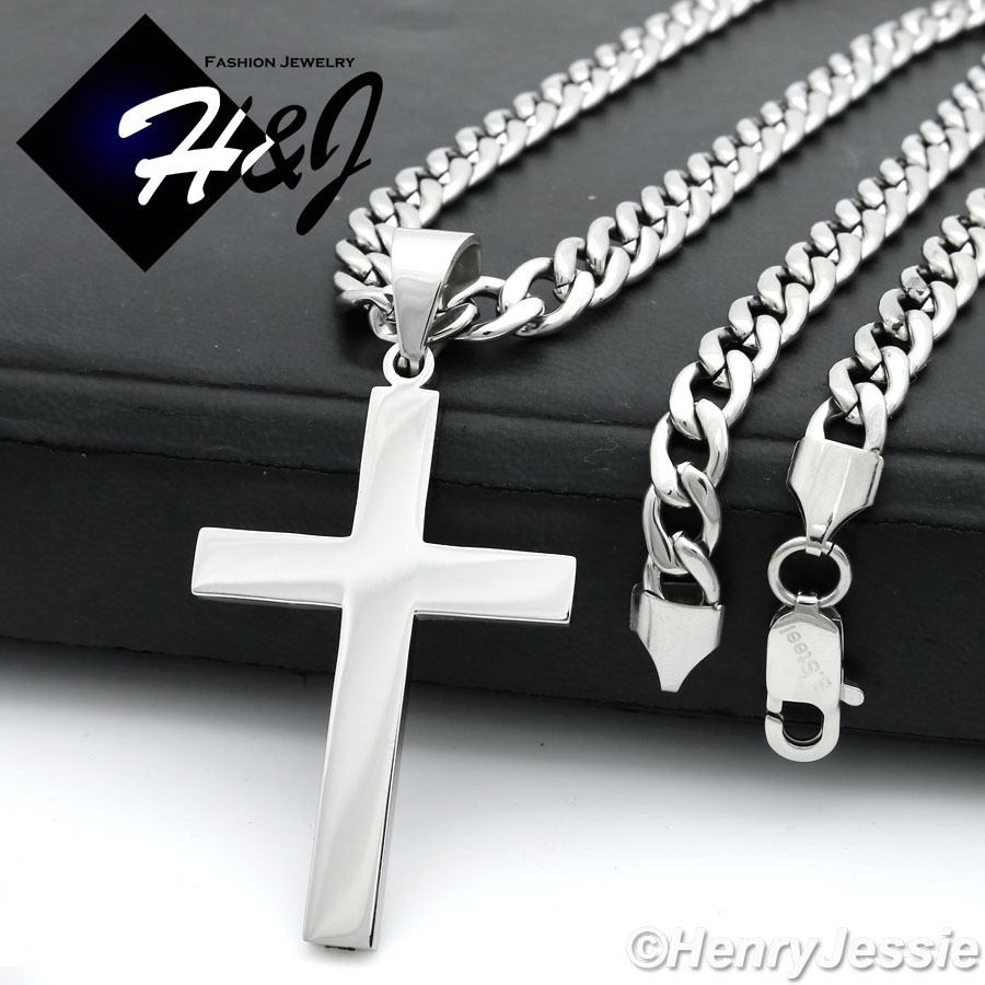 18-40″MEN Stainless Steel 7mm Silver Cuban Curb Necklace Plain Cross Pendant*P64