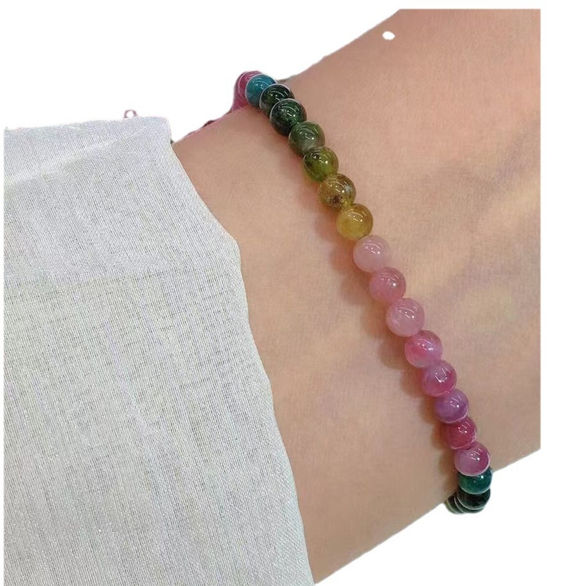 Rainbow Tourmaline Crystal Gemstone Stretch Dainty Bracelet Minimalist 4mm Beads