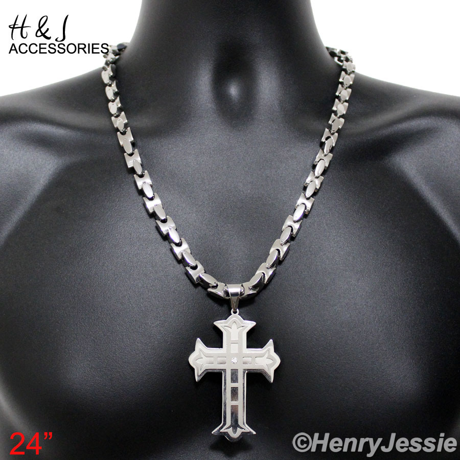 20″24″30″MEN Stainless Steel 8mm Silver Interlock Necklace CZ Cross Pendant*L5