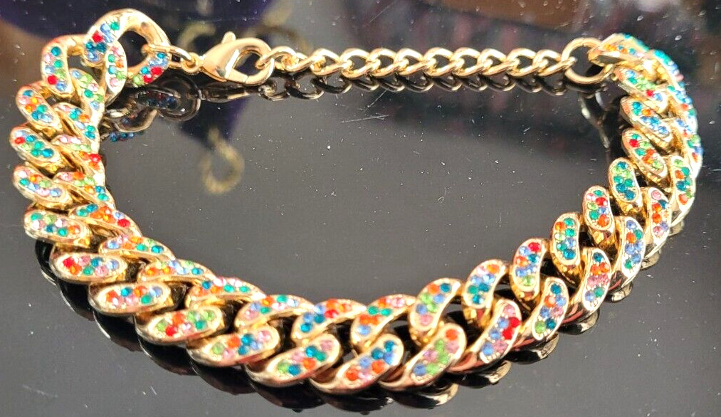 Beautiful Rhinestone Bracelet by Design 7″ to 8.5″ length .5″ wide Gold tone