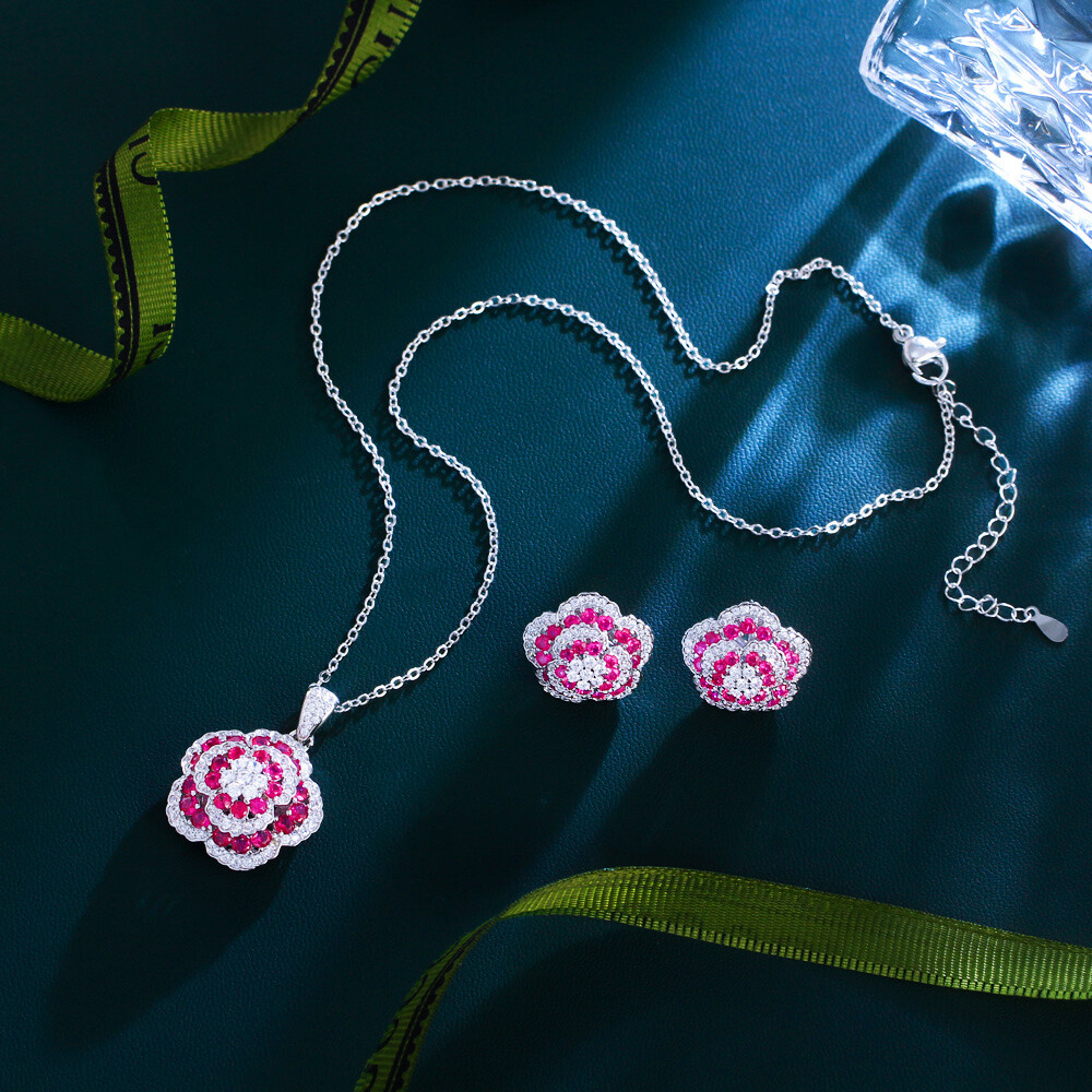 Flower Necklace Earrings Set Silver Plated Fashion Brand CZ Women Party Jewelry