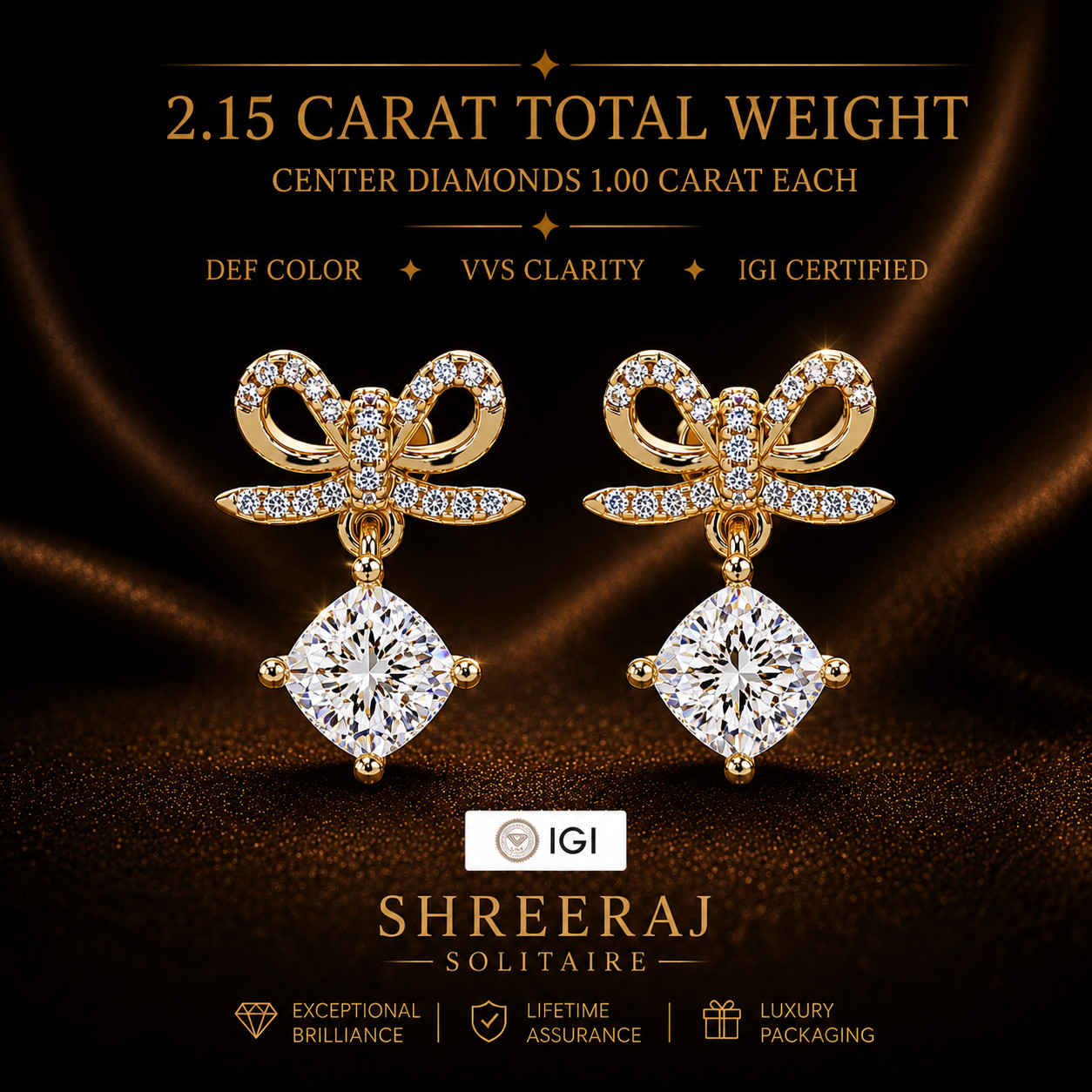 2.15CTW Cushion Lab Grown Diamond Bow Drop Earrings IGI DEF VVS2 925 Silver Stud