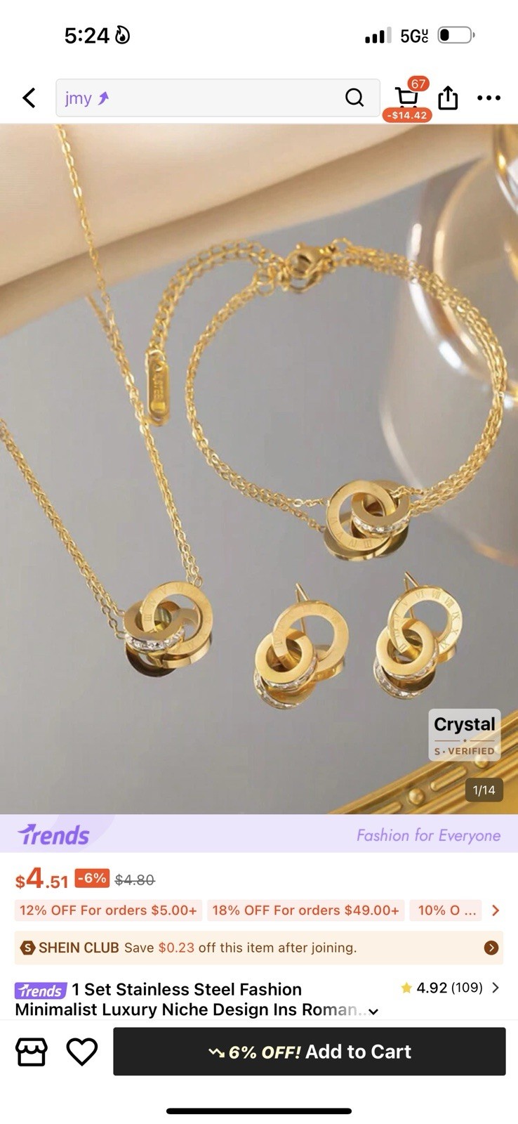 Gold Tone Stainless Steel Crystal Jewelry Set Necklace Bracelet Earrings