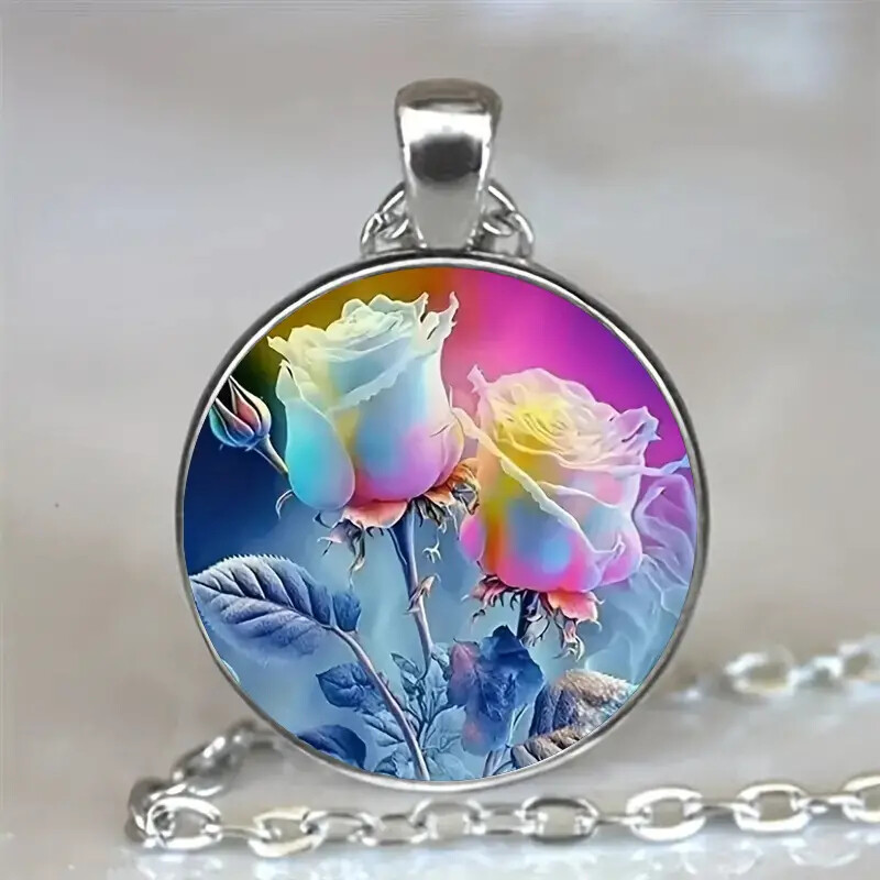Painted Rose Flowers Fashionable Round Pendant Necklace