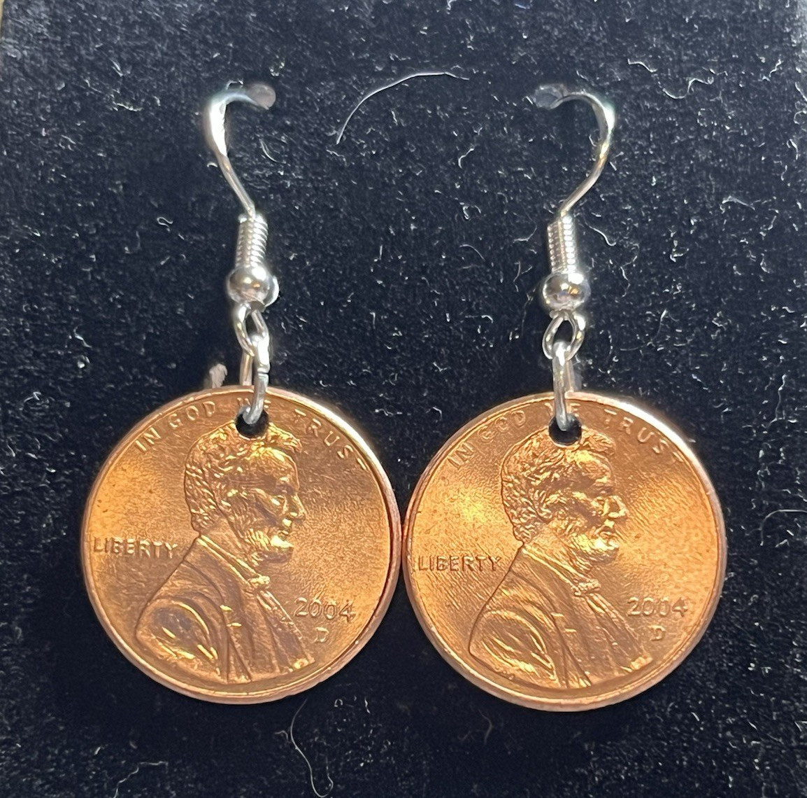 2-2004 Lincoln Penny Coin Dangle/Drop Hook Earrings, Copper&Silver Metal, Custom