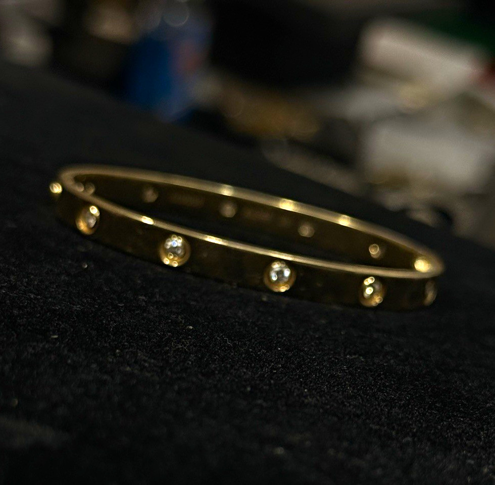 14k Yellow Gold Bezel Set Clear Round Crystal Bangle Bracelet with diamonds 28.8