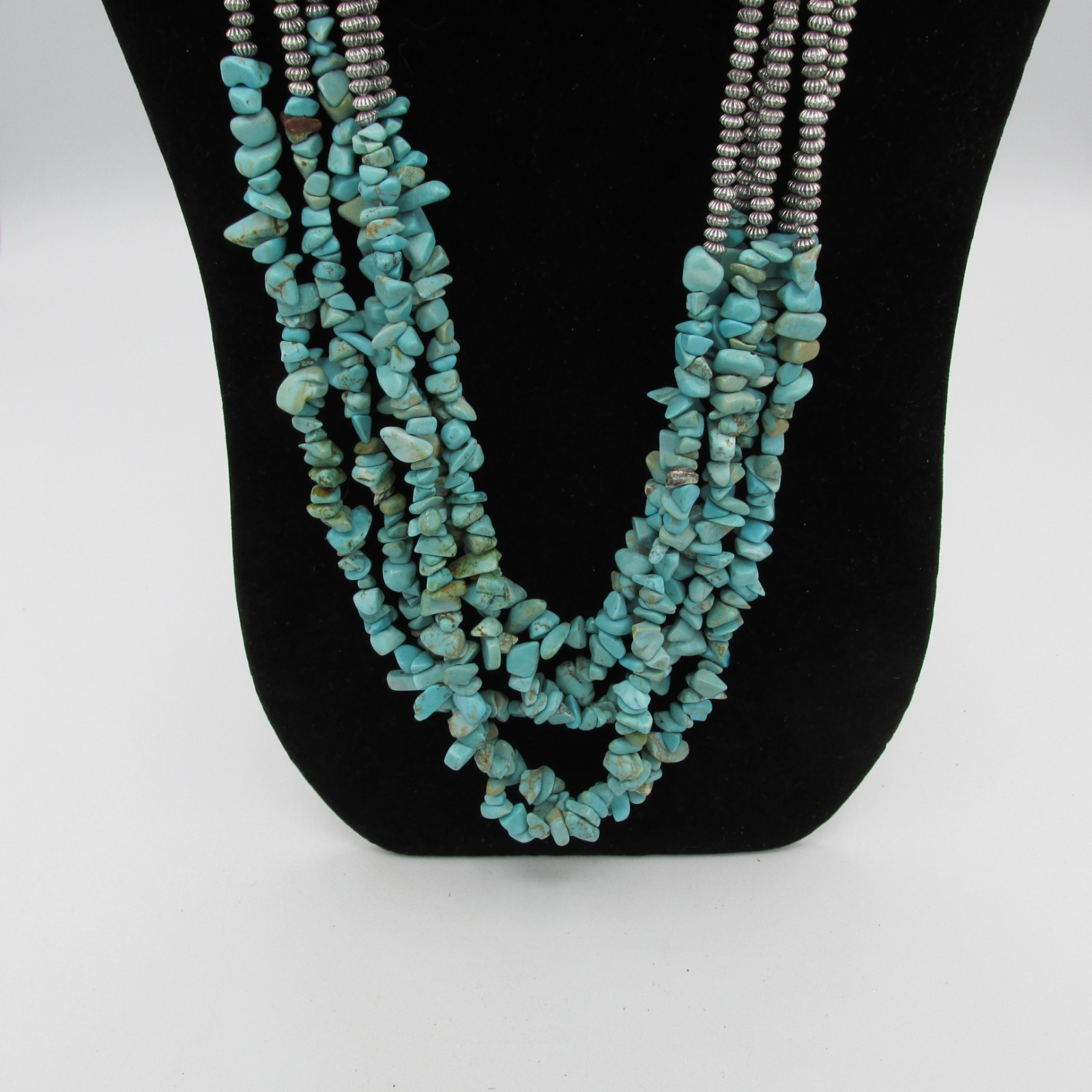 Erica Lyons Multi Strand Silver Bead & Southwestern Style Chip Necklace 25 in