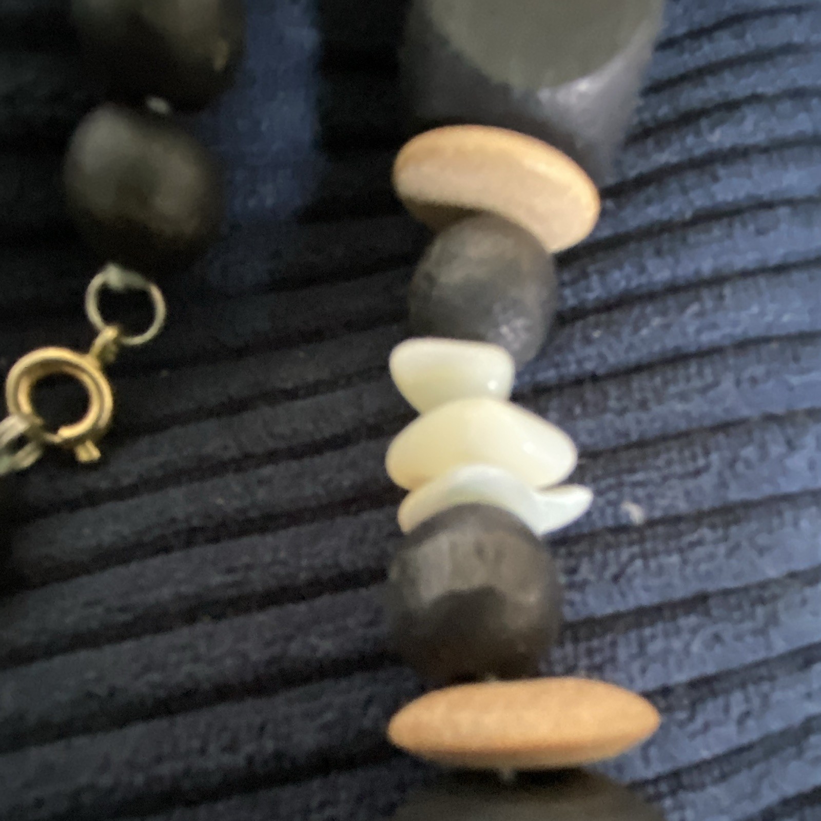 Black Wood Beaded Necklace w/ Shell Disc & Chip Beads Spring Ring Clasp