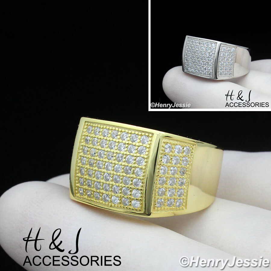 MEN 925 STERLING SILVER ICY BLING CZ GOLD PLATED/SILVER 3D SQUARE RING*ASR204