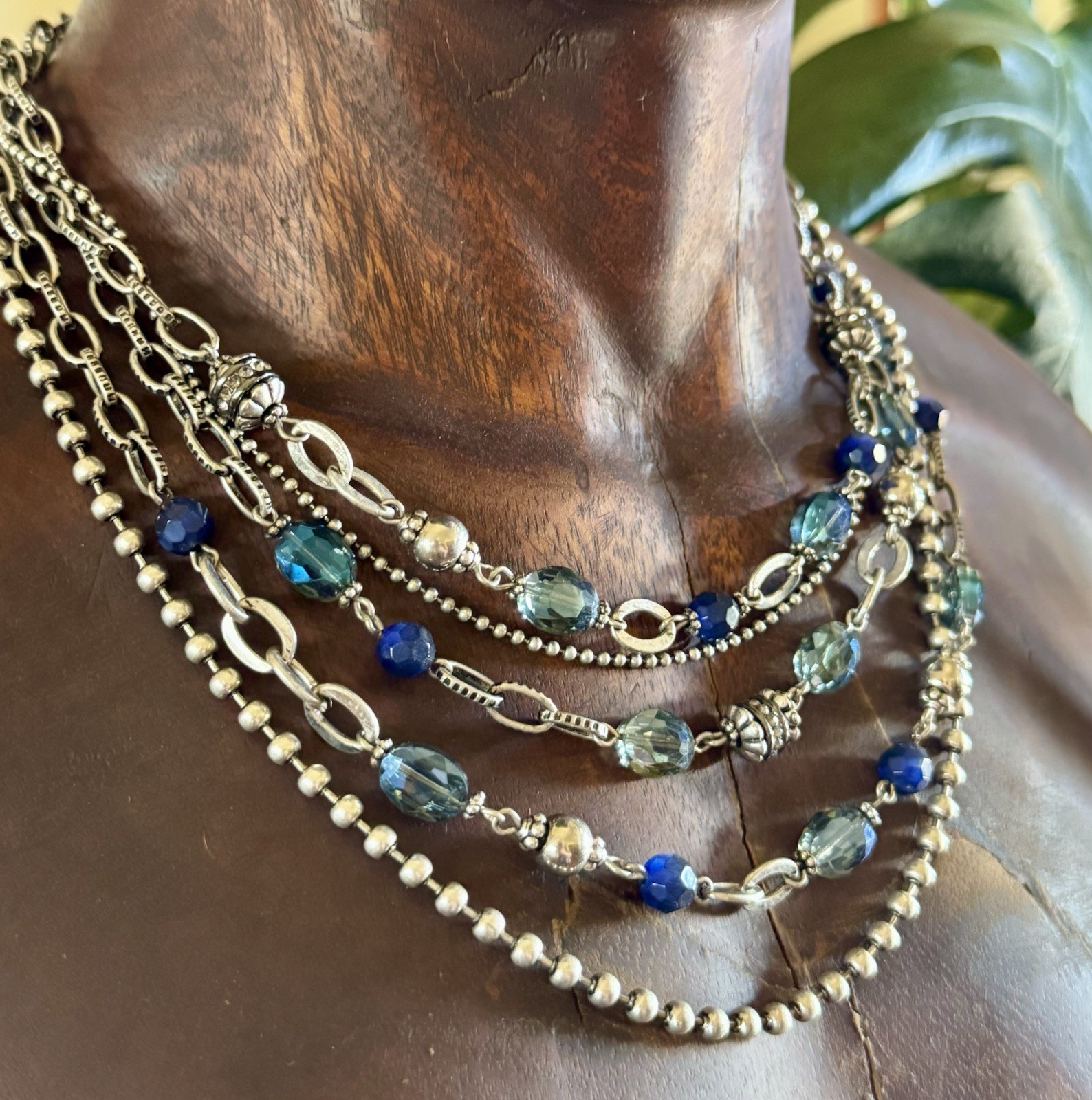 Chico’s Brand Multi-Strand Blue Crystal Beaded Silver Tone Cable Necklace