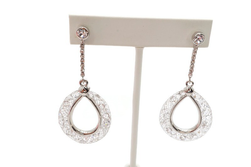 Earrings Silver Tone Crystal Filled Mesh