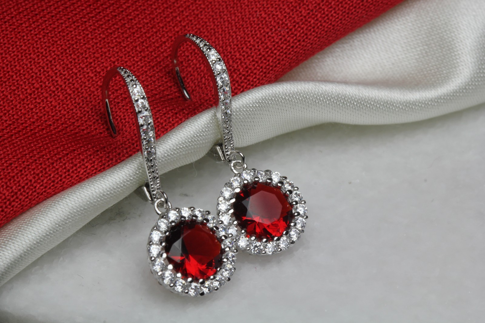 Garnet Halo Nickel Free Sterling Silver Dangle Leverback Earrings 1.91Ct /Pair