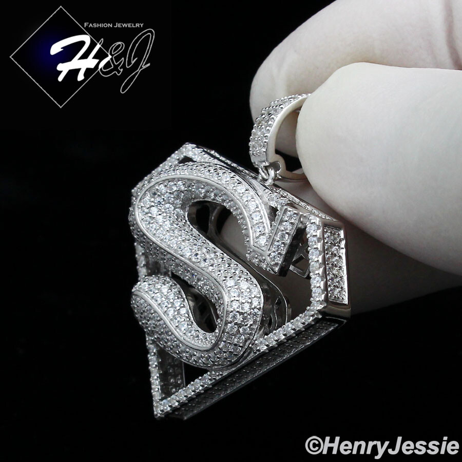 925 STERLING SILVER 18-30″X2MM MOON CUT BEADED CHAIN ICY CZ SUPERMAN PENDANT*263