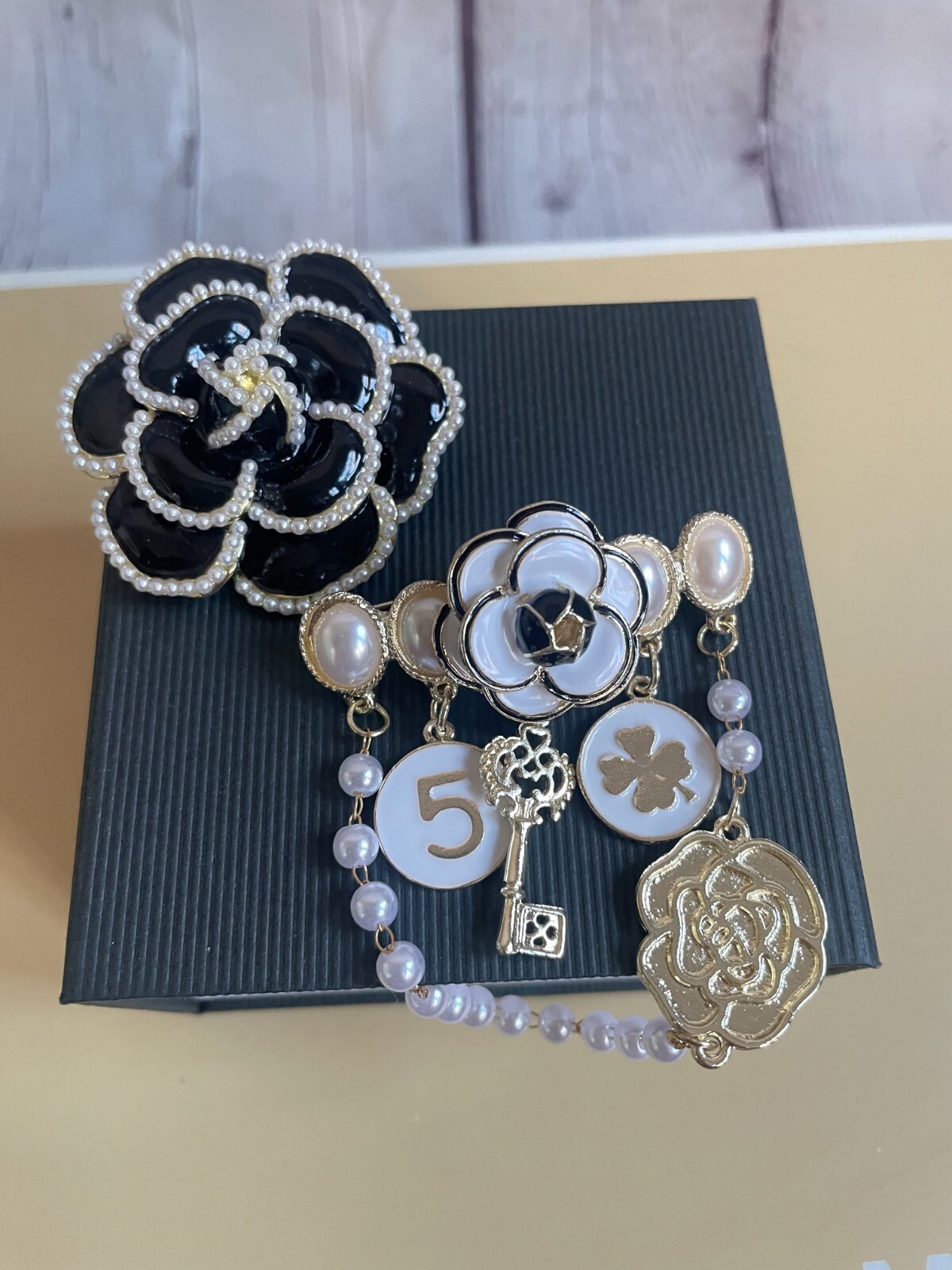 Womens Girls Camellia Flower Key Pearl Charm Brooch and Flower Pins Set of 3