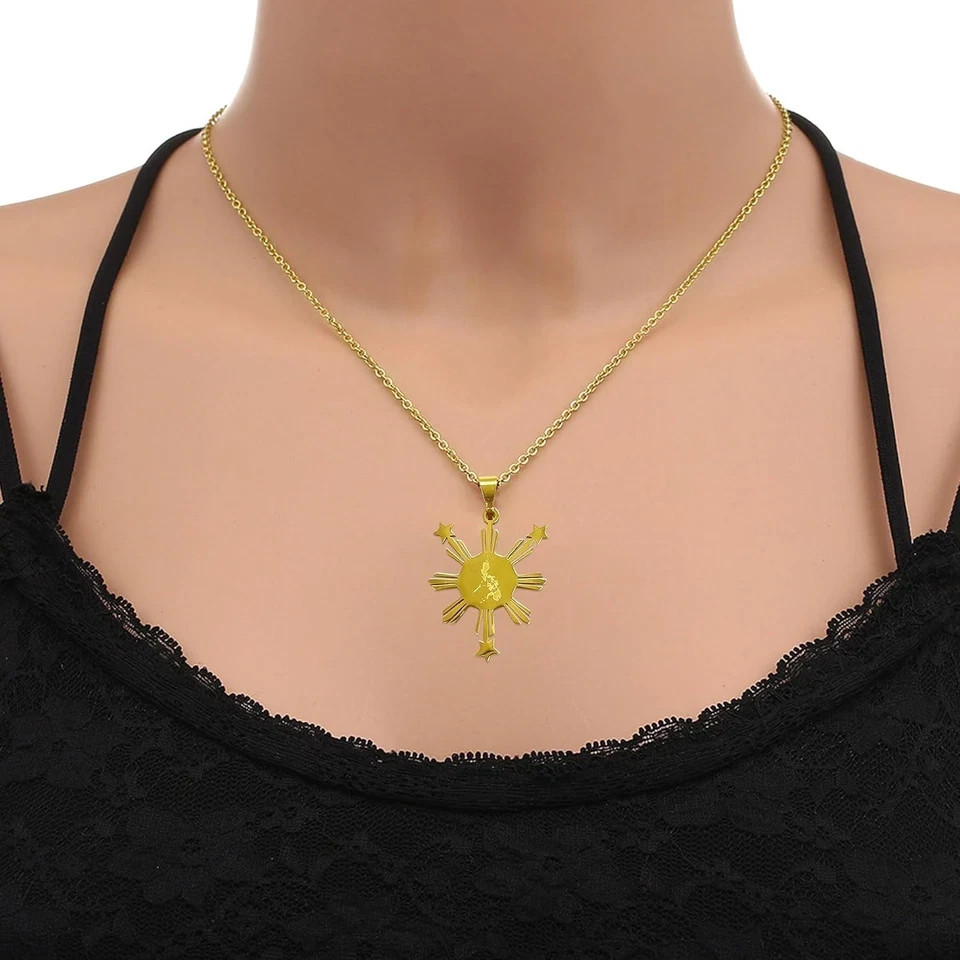 Philippines Sun Necklace for Women Filipino Heritage Gold Pendant Stainless Stee
