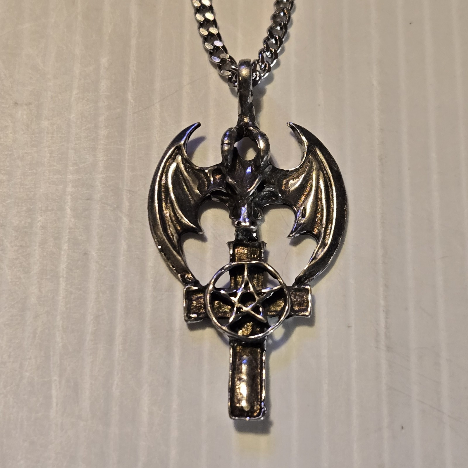 PENTAGRAM / WINGS Pewter Pendant Charm /18″-24″ STAINLESS CURB CHAIN NECKLACE