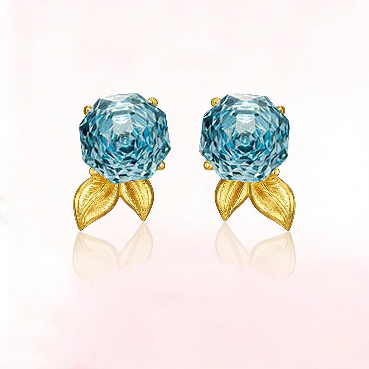 New Octagon Rose Cut Ocean Blue Topaz Gems Charm Women Girls Gold Stud Earring