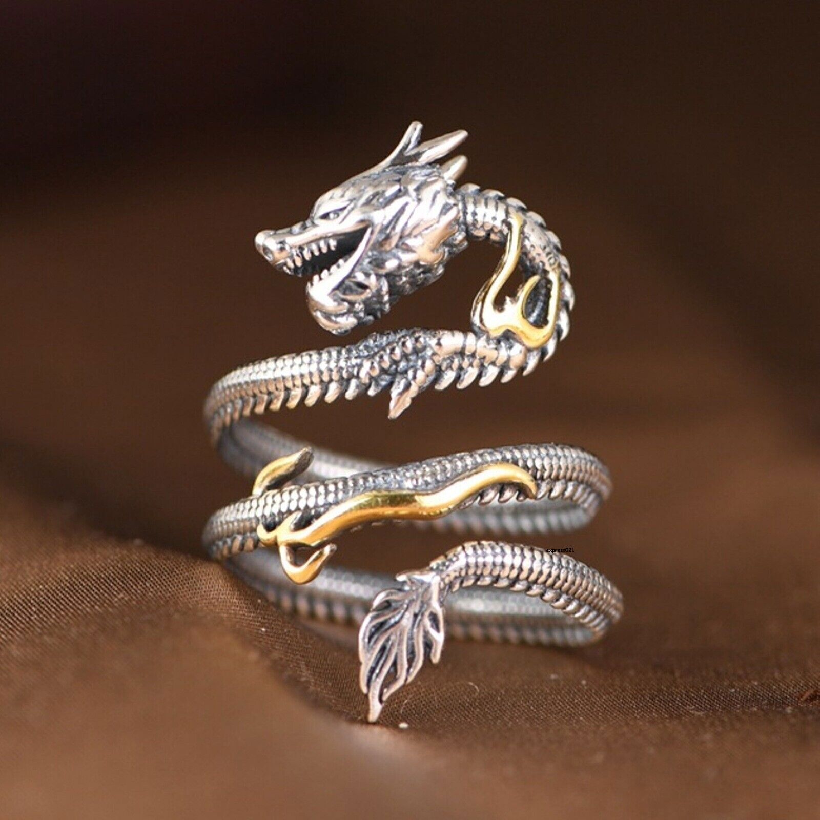Real Solid 925 Sterling Silver Men Women Gift Lucky Carved Flame Dragon Ring