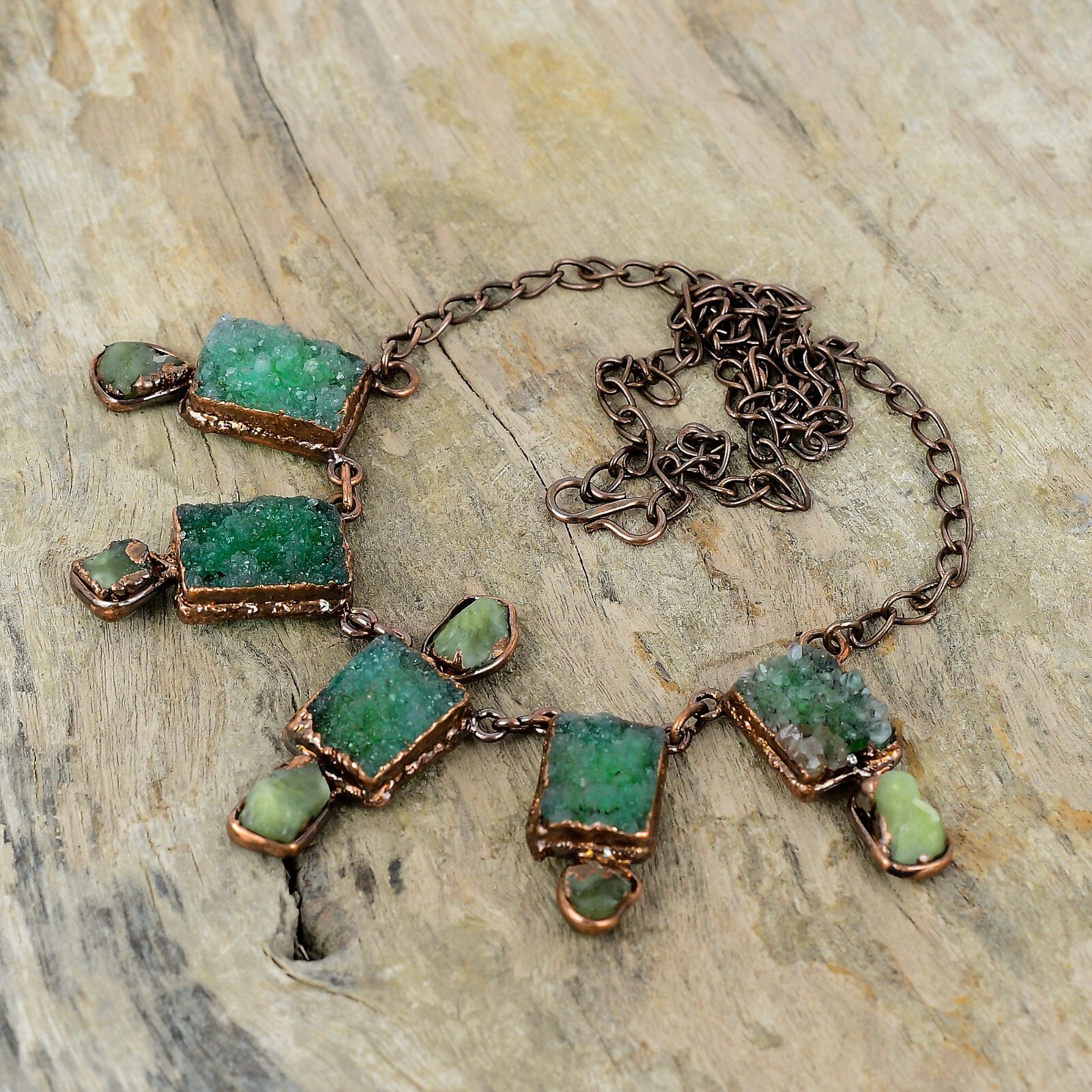 Green Druzy Electroformed Adjustable Necklace Handcrafted Copper Gift 18.0″