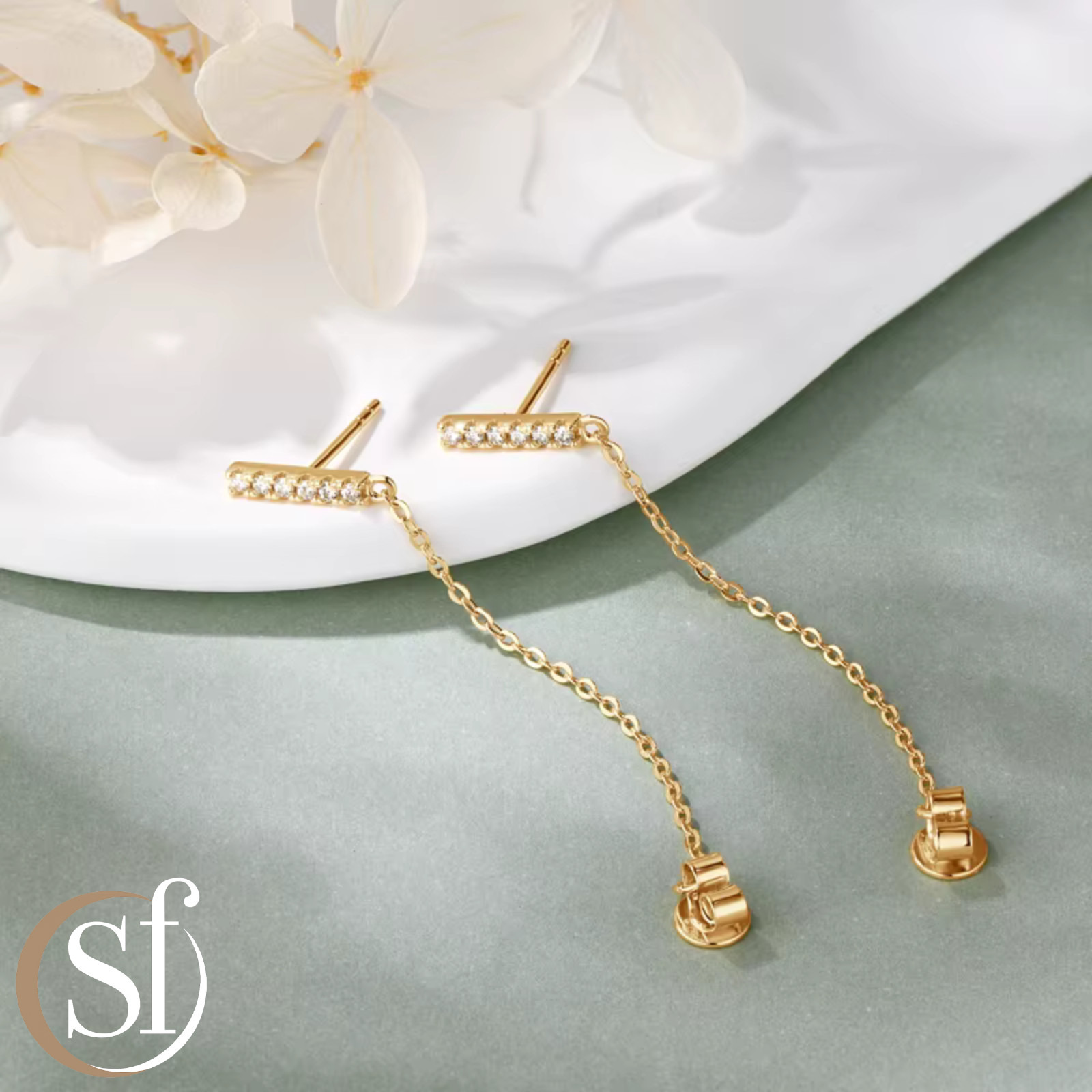 Moissanite Bar Chain Drop Earrings | Sterling Silver | 14K White or Yellow Gold