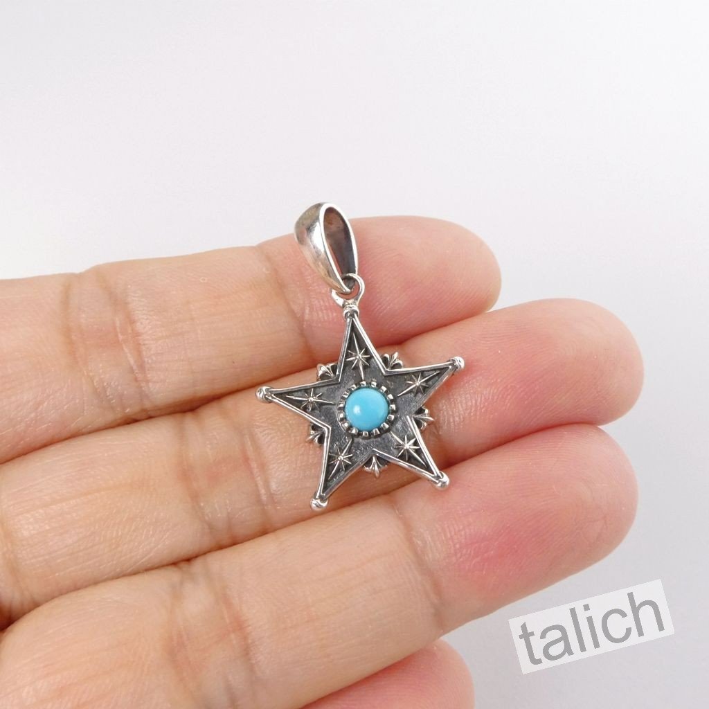 Shiny 925 Sterling Silver Five Pointed Star with Turquoise Small Charm Pendant