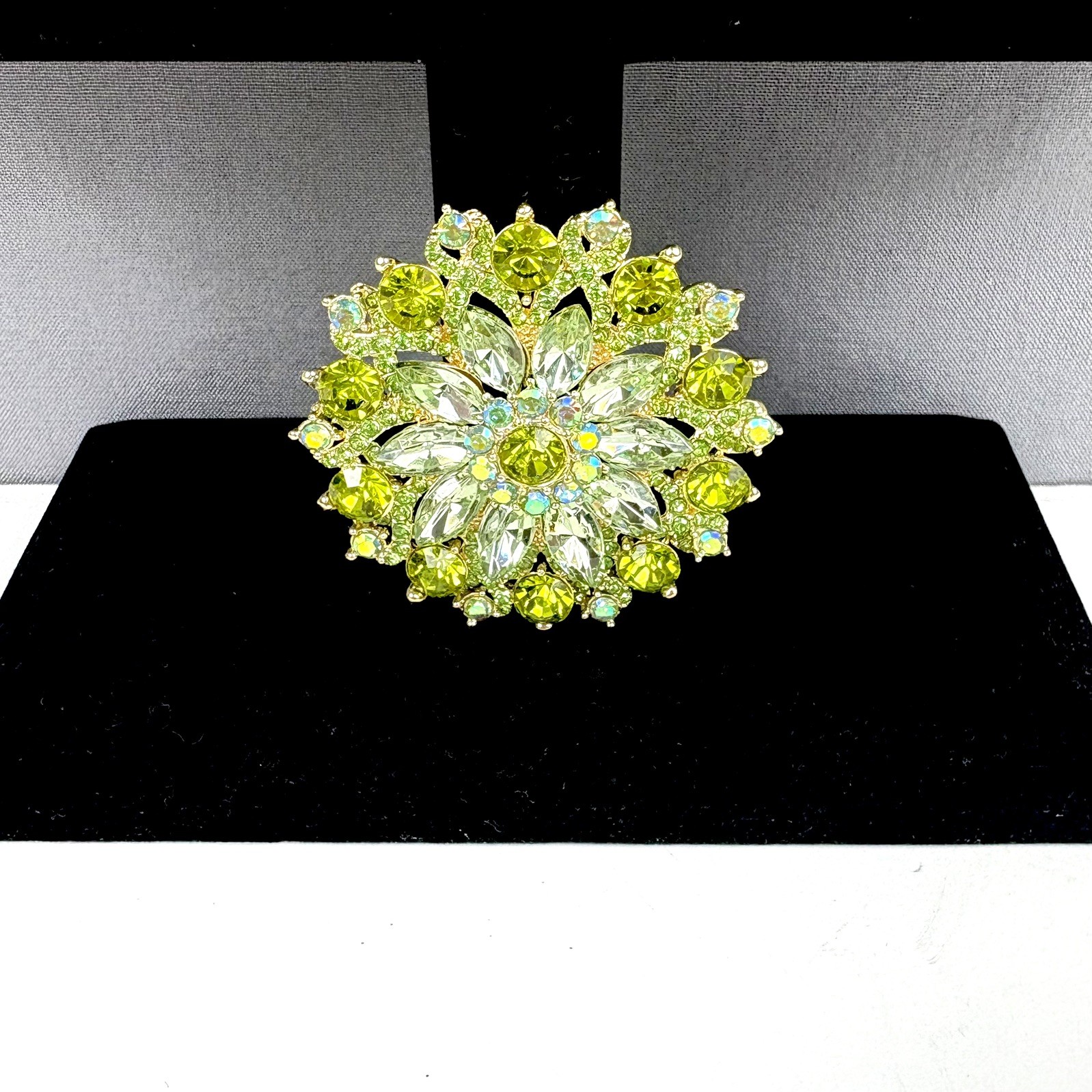 Lime Green Rhinestone Pin Brooch Large Round Vintage Inspired