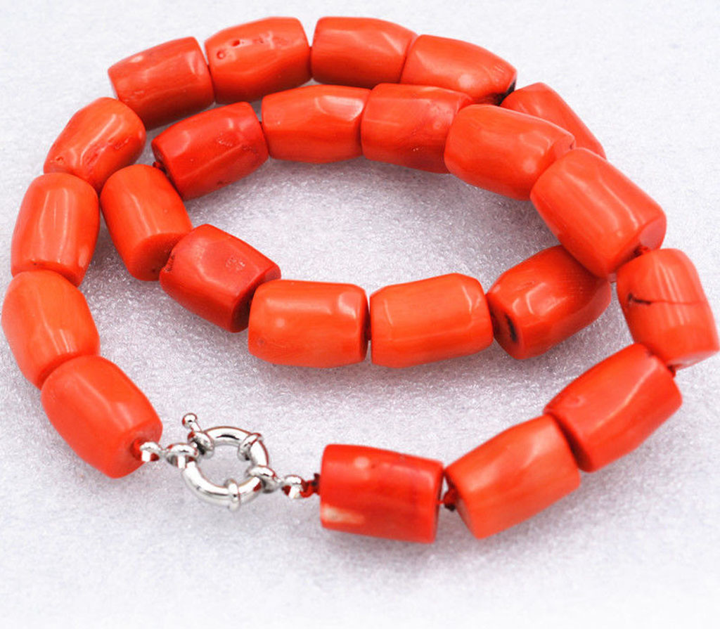Genuine Natural High Quality Column Orange Coral Gemstone Princess Necklace 18”