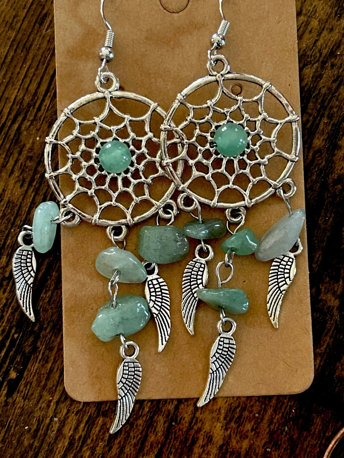 Gorgeous Tibetan Silver Natural Gemstone Dream Catcher Dangle Earrings 3.5″