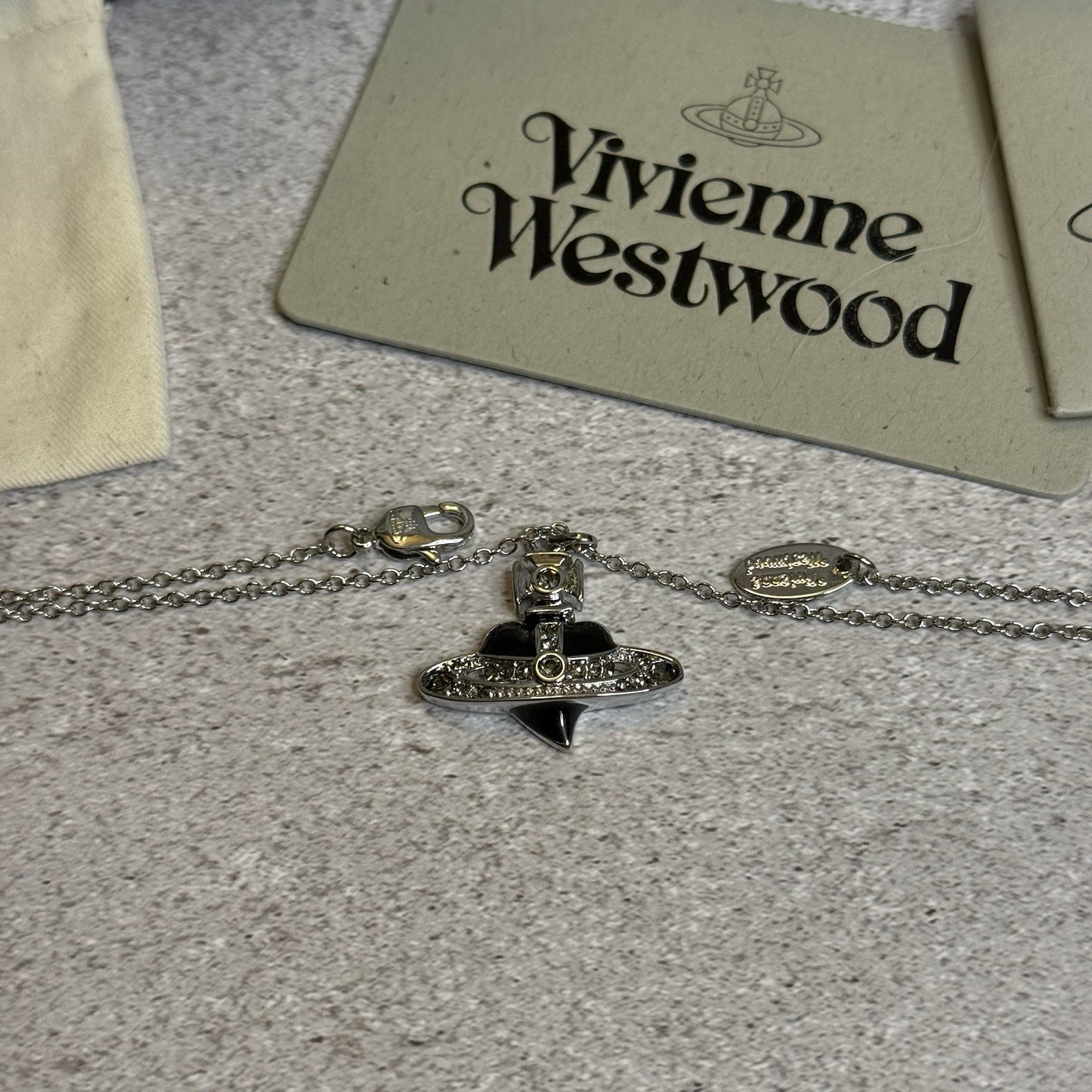 Used Vivienne Westwood Necklace Black Diamante Heart WITH PACKAGING