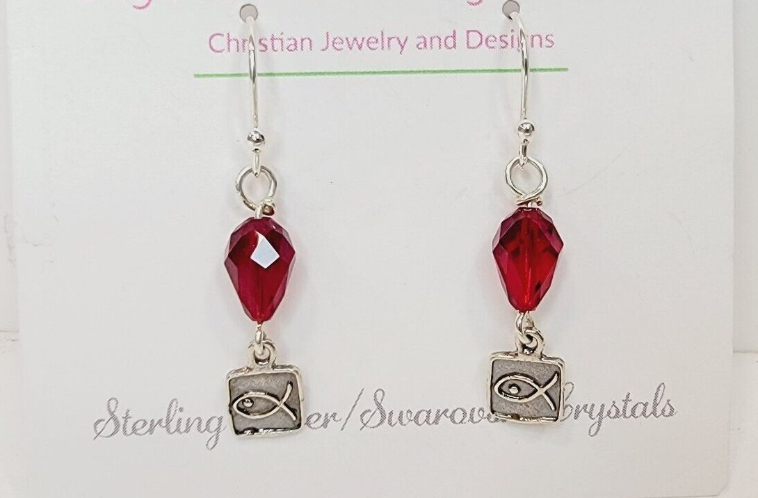 Hypoallergenic Dangle Earrings With Swarovski Crystals Red Color And Jesus Fish