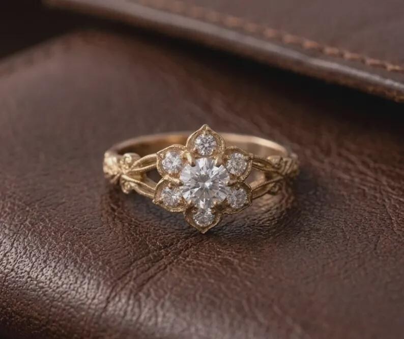 Vintage Floral Halo CZ Engagement Ring 925 Sterling Silver Promise Ring For Her.