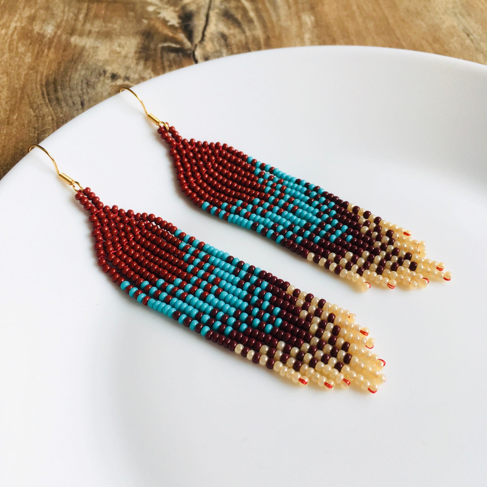 Brown Turquoise Beaded Fringe Earrings, Handmade Southwestern Boho Jewelry